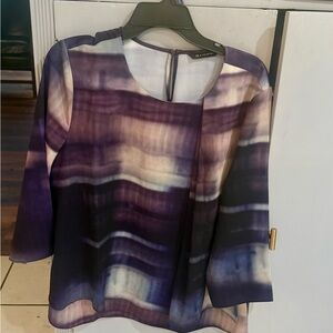 H by Halston Purple and White Asymmetrical 3/4 Sleeve Blouse